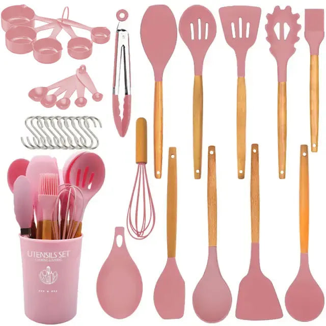24-Piece Silicone Kitchen Utensil Set with Wooden Handles Wholesale