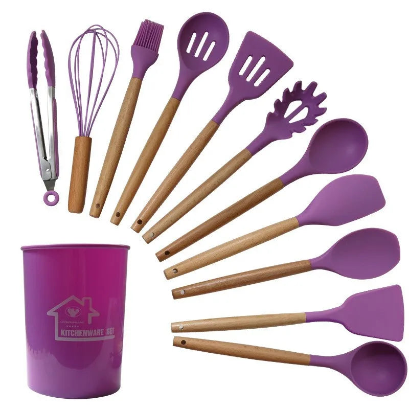 12-Piece Silicone Kitchen Utensil Set with Wooden Handles Wholesale