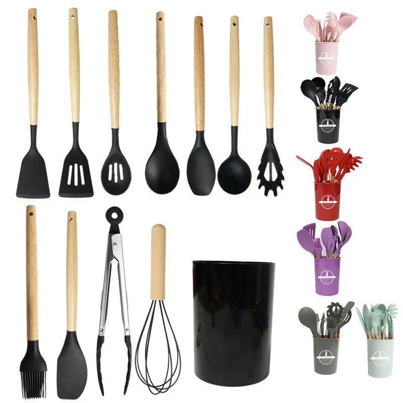 12-Piece Silicone Kitchen Utensil Set with Wooden Handles Wholesale