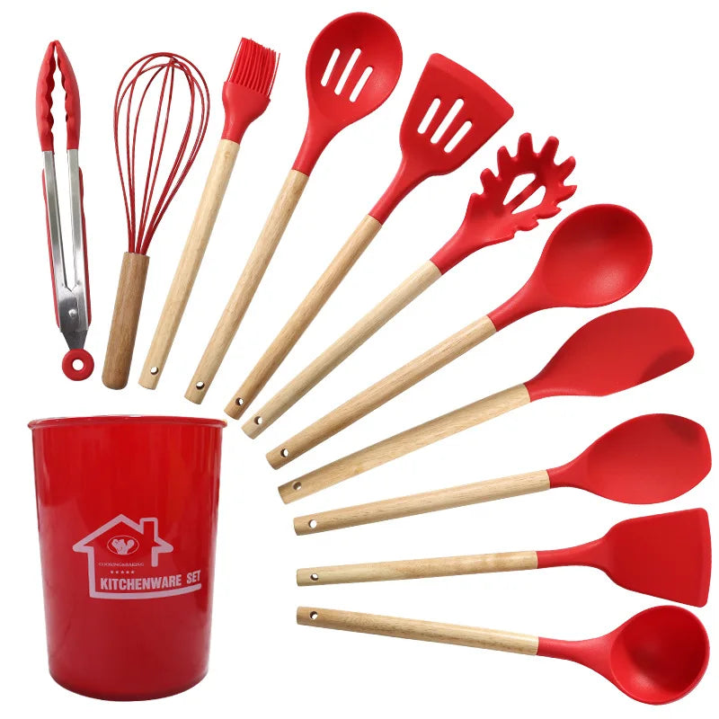12-Piece Silicone Kitchen Utensil Set with Wooden Handles Wholesale