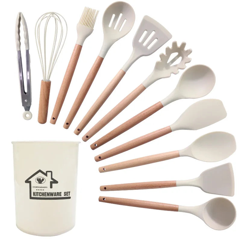 12-Piece Silicone Kitchen Utensil Set with Wooden Handles Wholesale