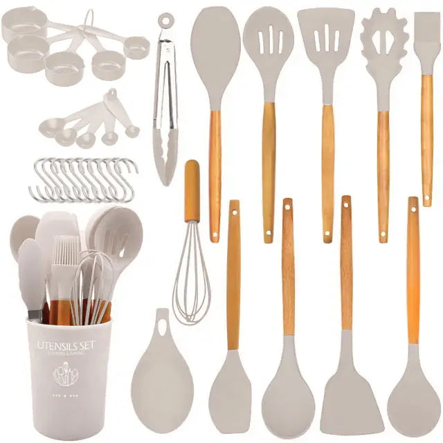 24-Piece Silicone Kitchen Utensil Set with Wooden Handles Wholesale