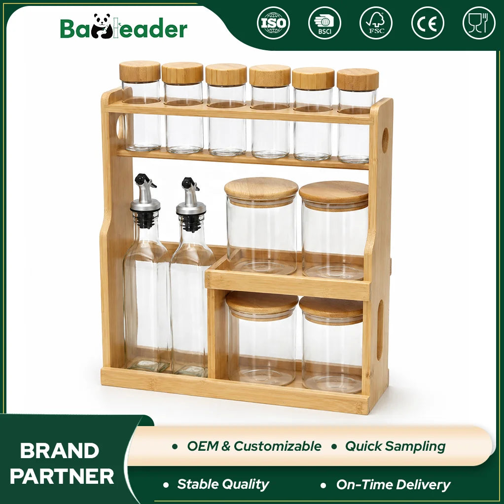 3-Tier Bamboo Spice Rack with 12 Glass Jars Wholesale