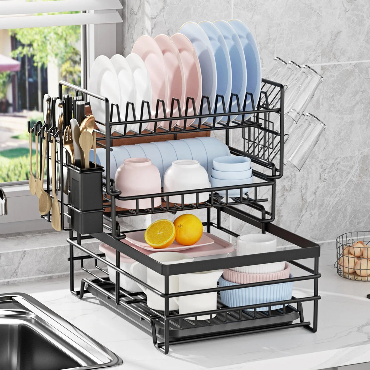 3-Tier Large Capacity Dish Drying Rack with Drainboard Wholesale