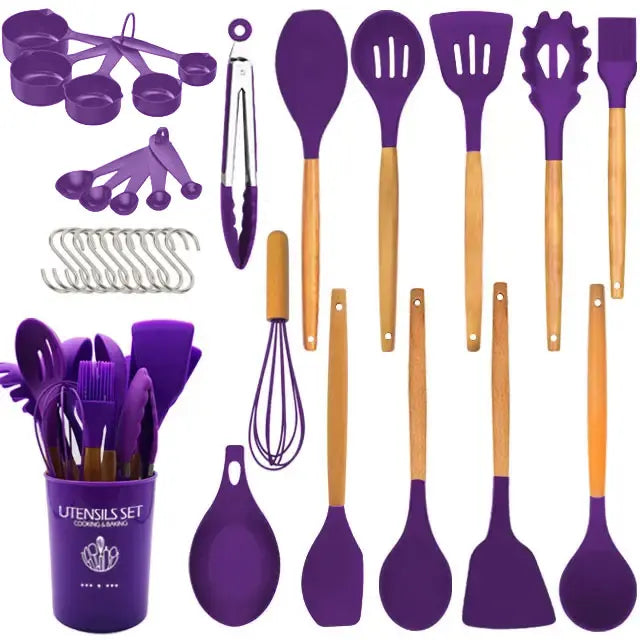 24-Piece Silicone Kitchen Utensil Set with Wooden Handles Wholesale